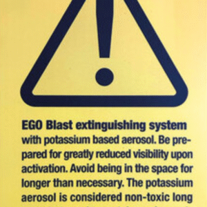 Panneau – « Système d’extinction d’incendie EGO Blast installé » – plastique. jaune